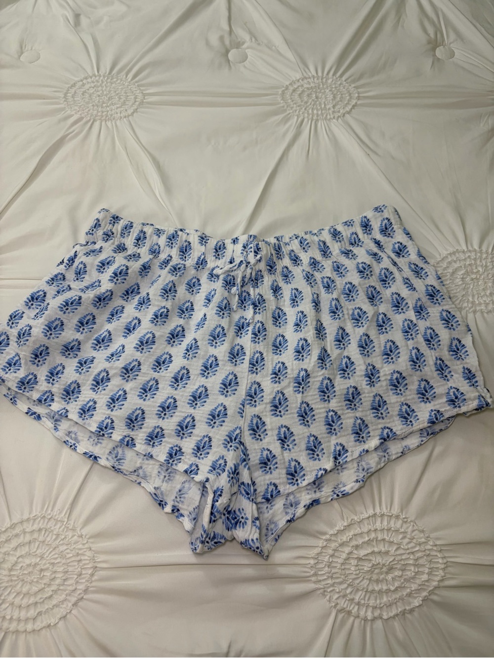 LAKE Blue Block Print Cotton & Modal Drawstring Pajama Shorts w/ Pockets XL